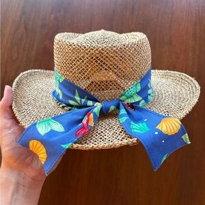 Vintage made In USA Straw Sun Hat With Fish Tropical Band Farmer Hat Woven Brown